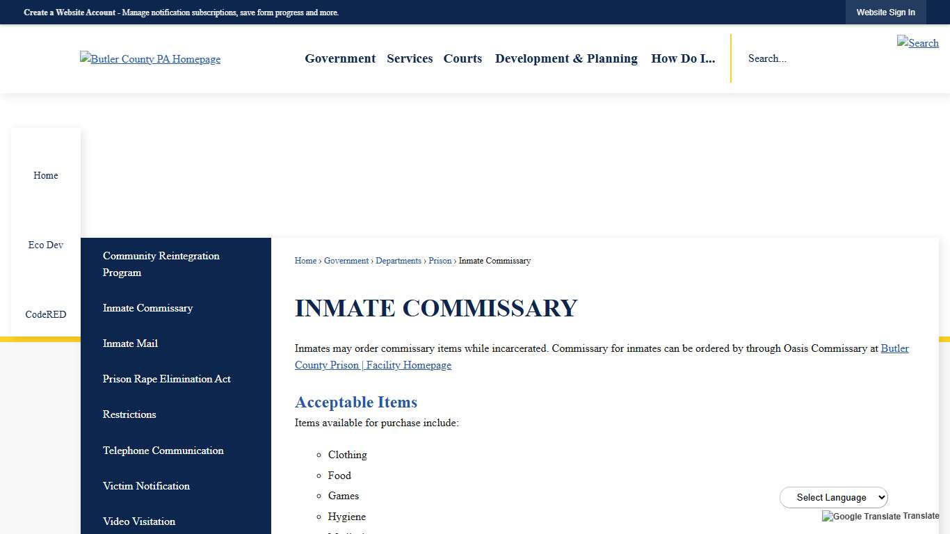 Inmate Commissary | Butler County, PA